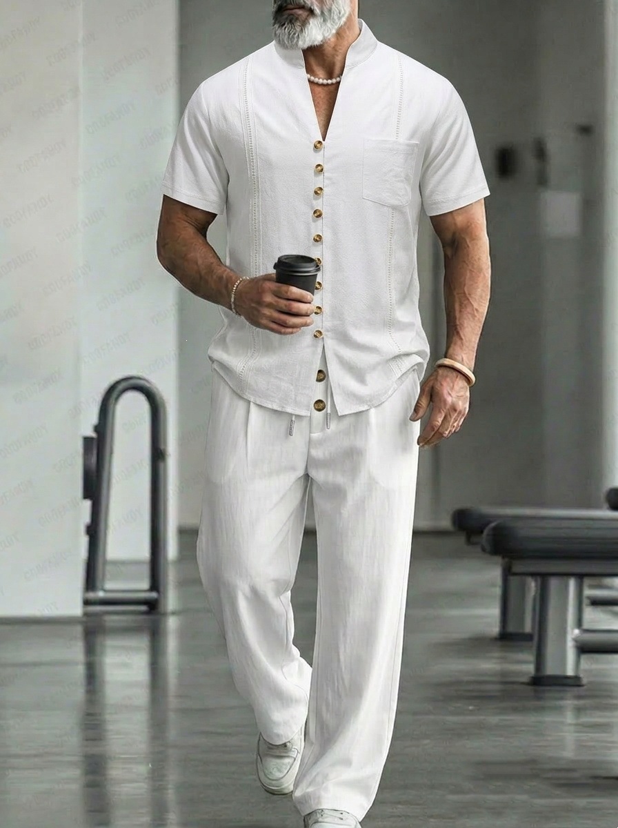 Mens Lapel Short-Sleeve Shirt And Pants Suit photo 3
