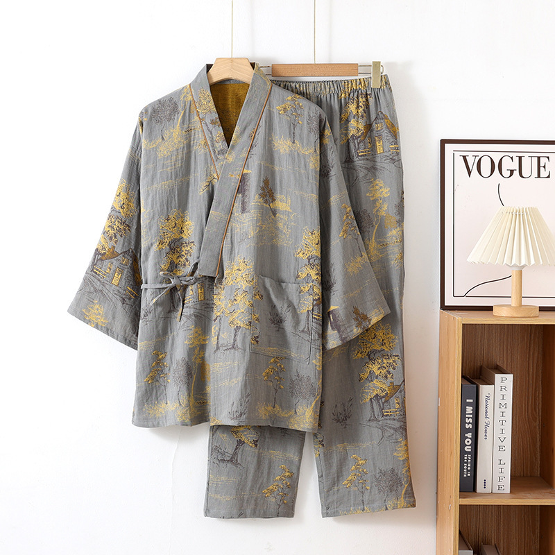 Pajama Hanfu Loungewear Pure Cotton Yarn-Dyed Jacquard Loose-Fit Lace-Up Home Set photo 3