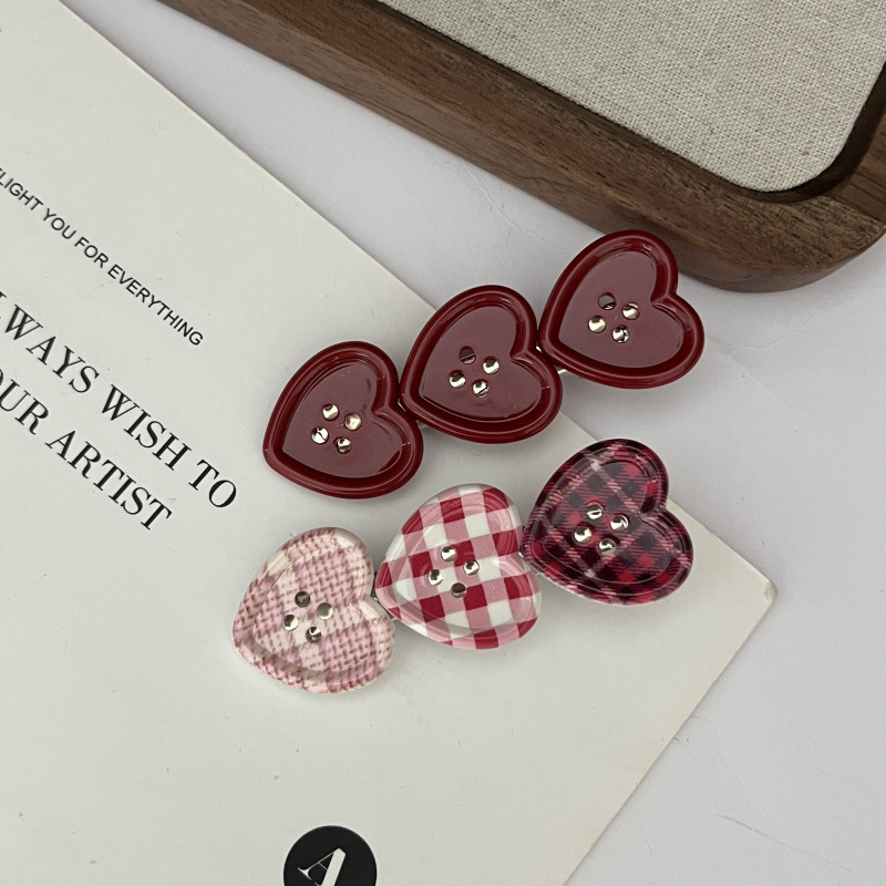Sweet Plaid Heart-button Hair Clip Side-parting Bangs photo 4