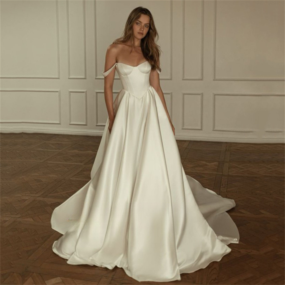 Satin Bridal Gown French-style Off-the-shoulder Strapless Design For Women photo 5