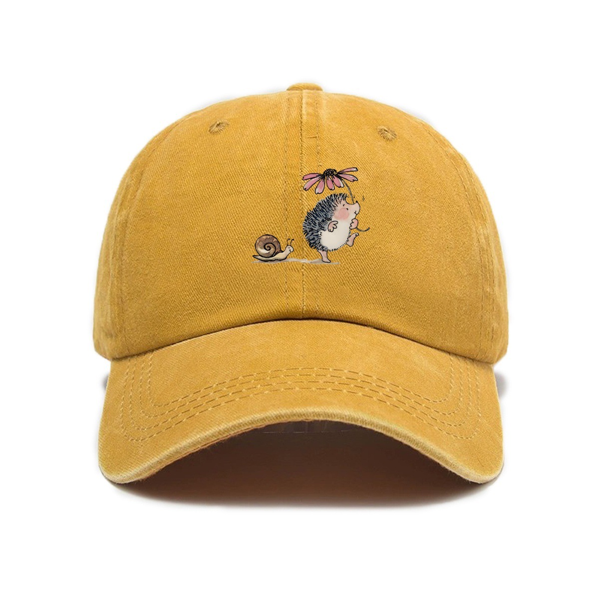 Simple Cartoon Hedgehog And Snail Print Washed Out Vintage Baseball Cap photo 8