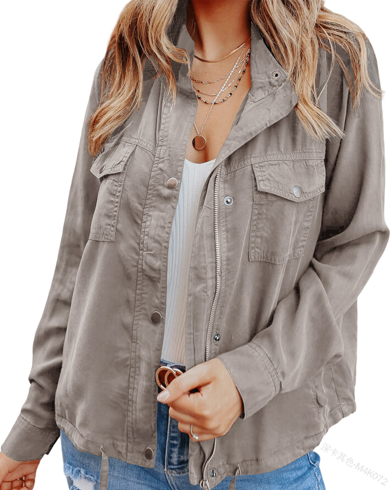 Dark-button Long-sleeved Pocket Drawstring Jacket photo 5