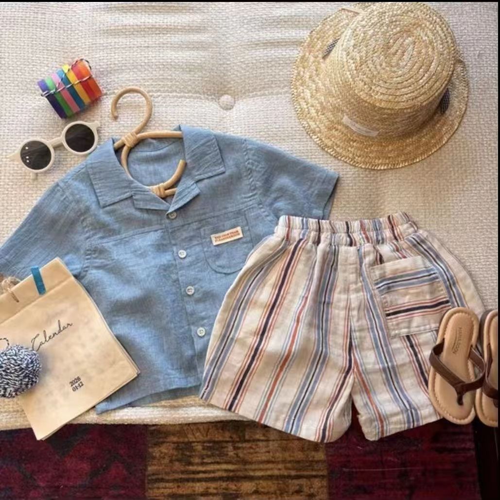 Boy's Cotton-linen Short-sleeve Shirt And Vertical-striped Shorts Two-piece Set photo 1