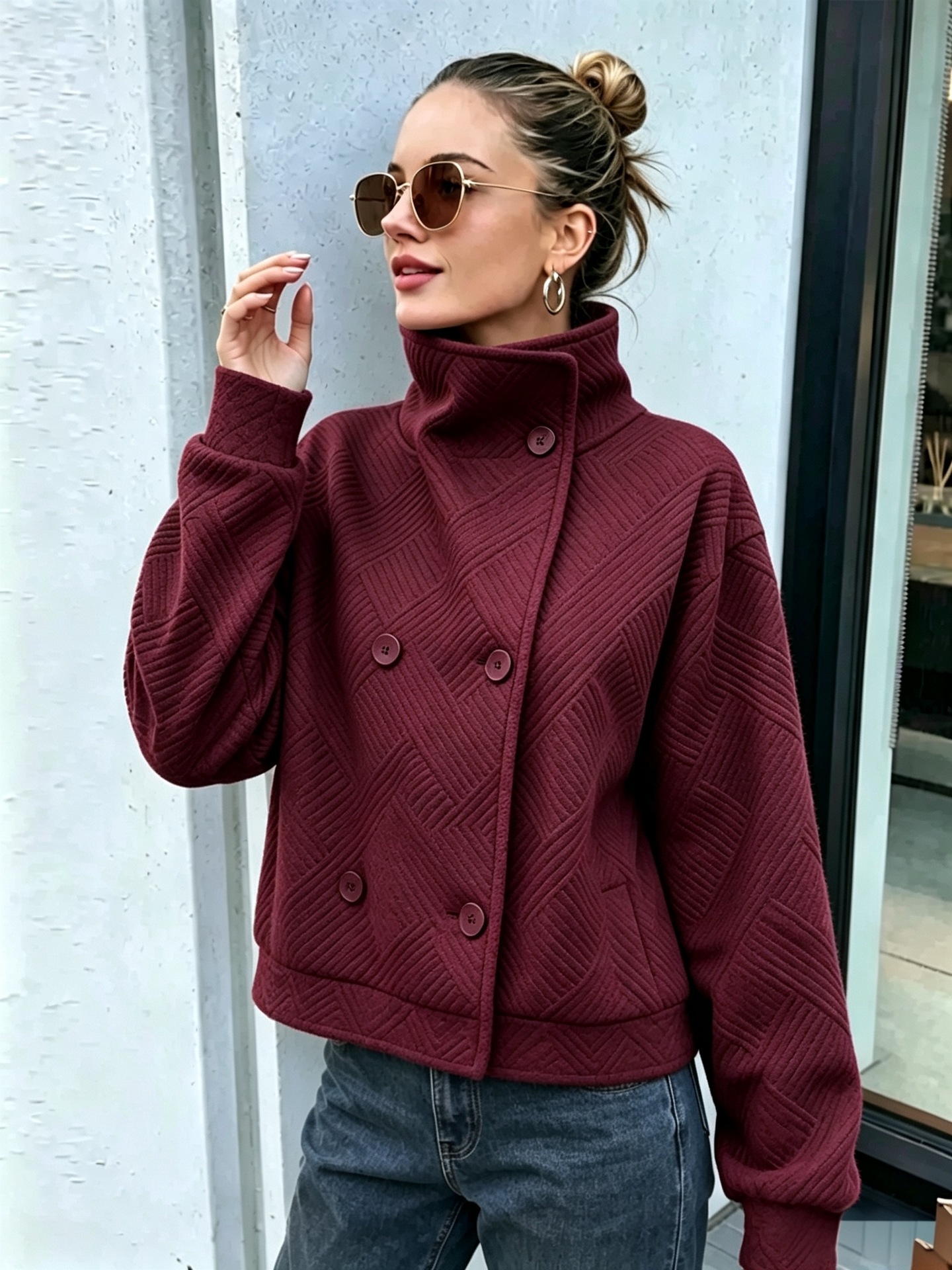 Women's Buttoned Turtleneck Double-breasted Lapel Coat photo 3