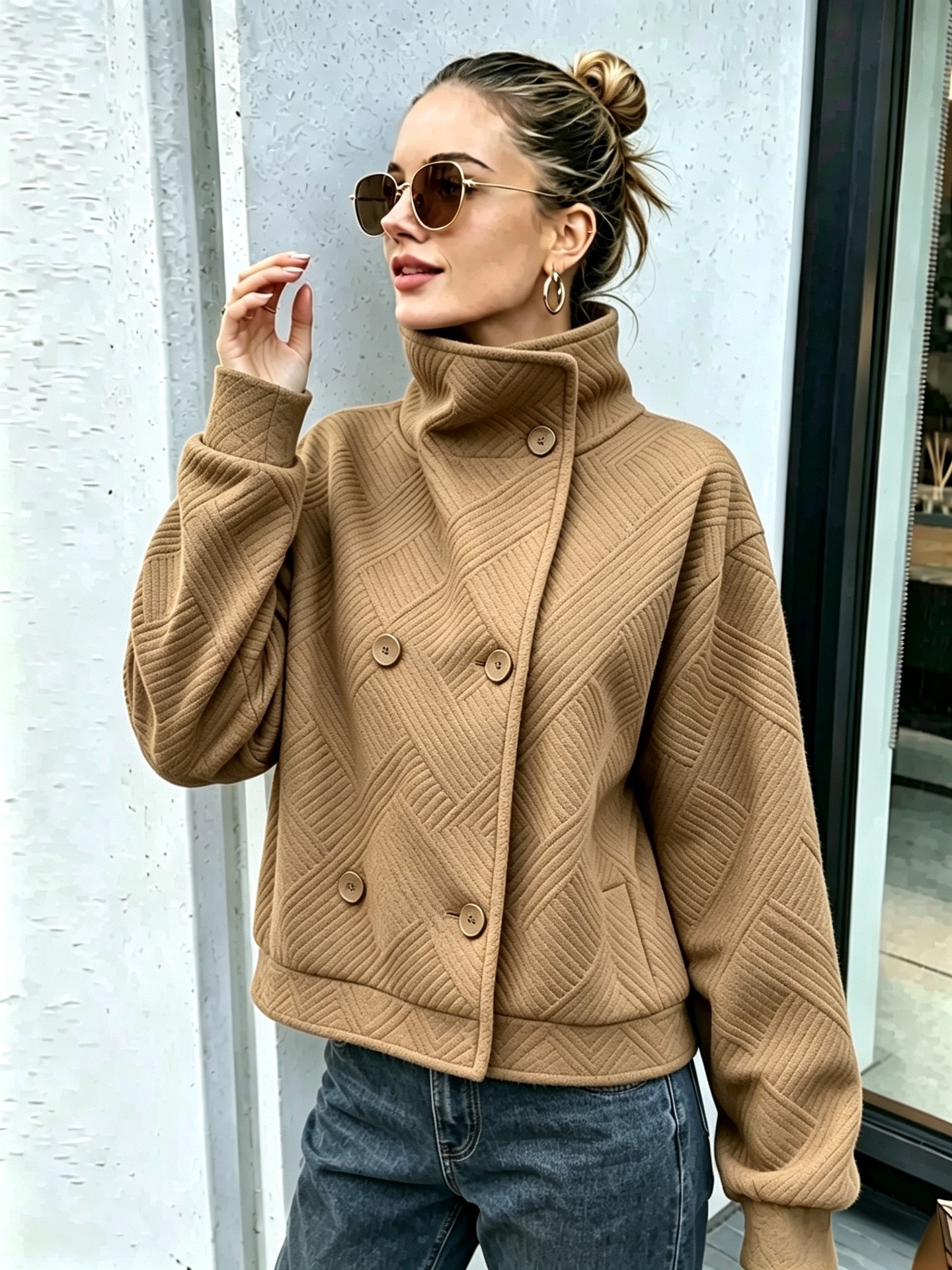 Women's Buttoned Turtleneck Double-breasted Lapel Coat photo 7