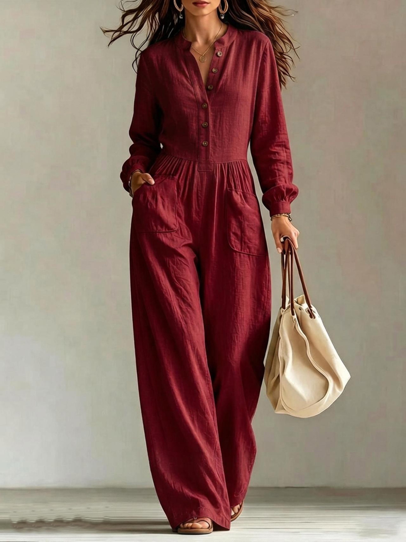 Jumpsuit With Buttons Waist-cinching Design And Pockets photo 4