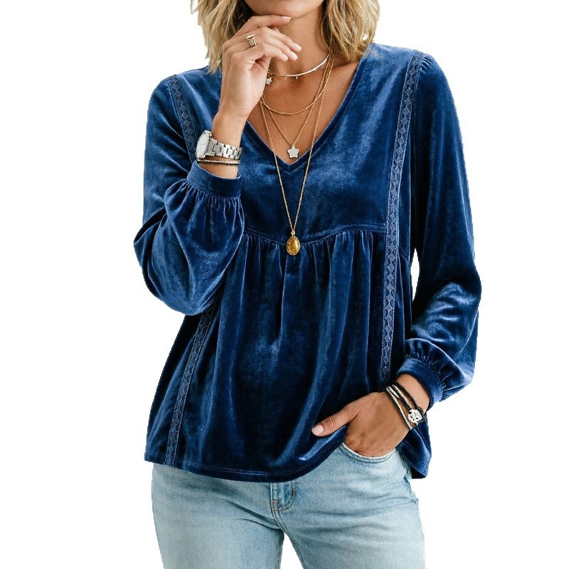 V-neck Lace Velvet Casual Loose-fitting Long-sleeve Top photo 3
