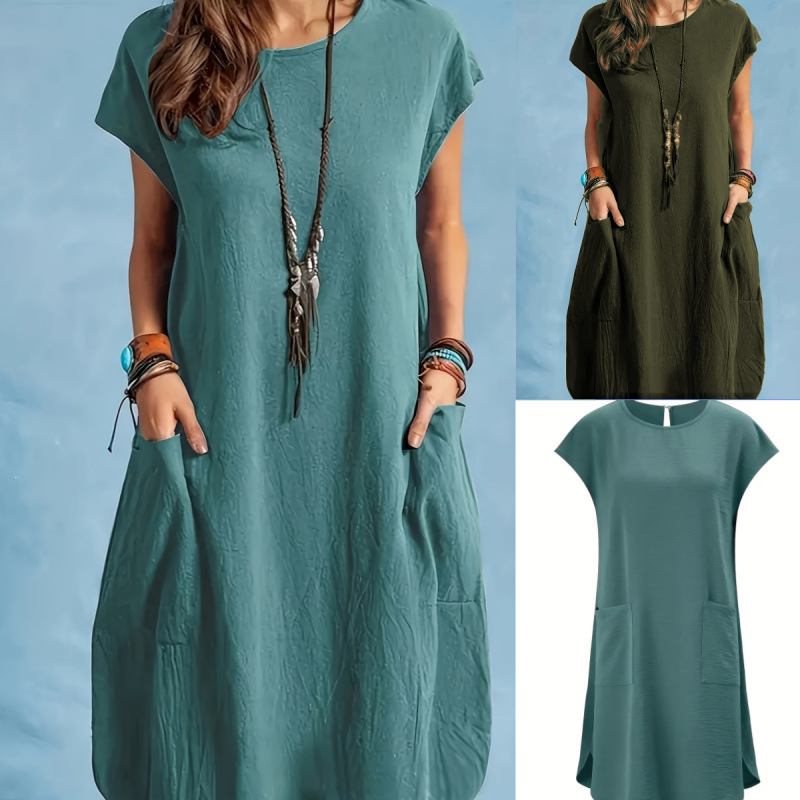 Casual Loose-fit Solid-color Round-neck Short-sleeve Ice-silk Pleated Dress photo 1