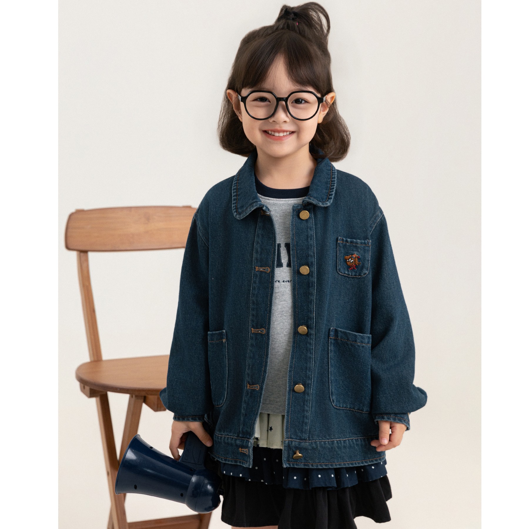 Children's Cartoon Embroidered-pocket Washed Denim Jacket photo 2