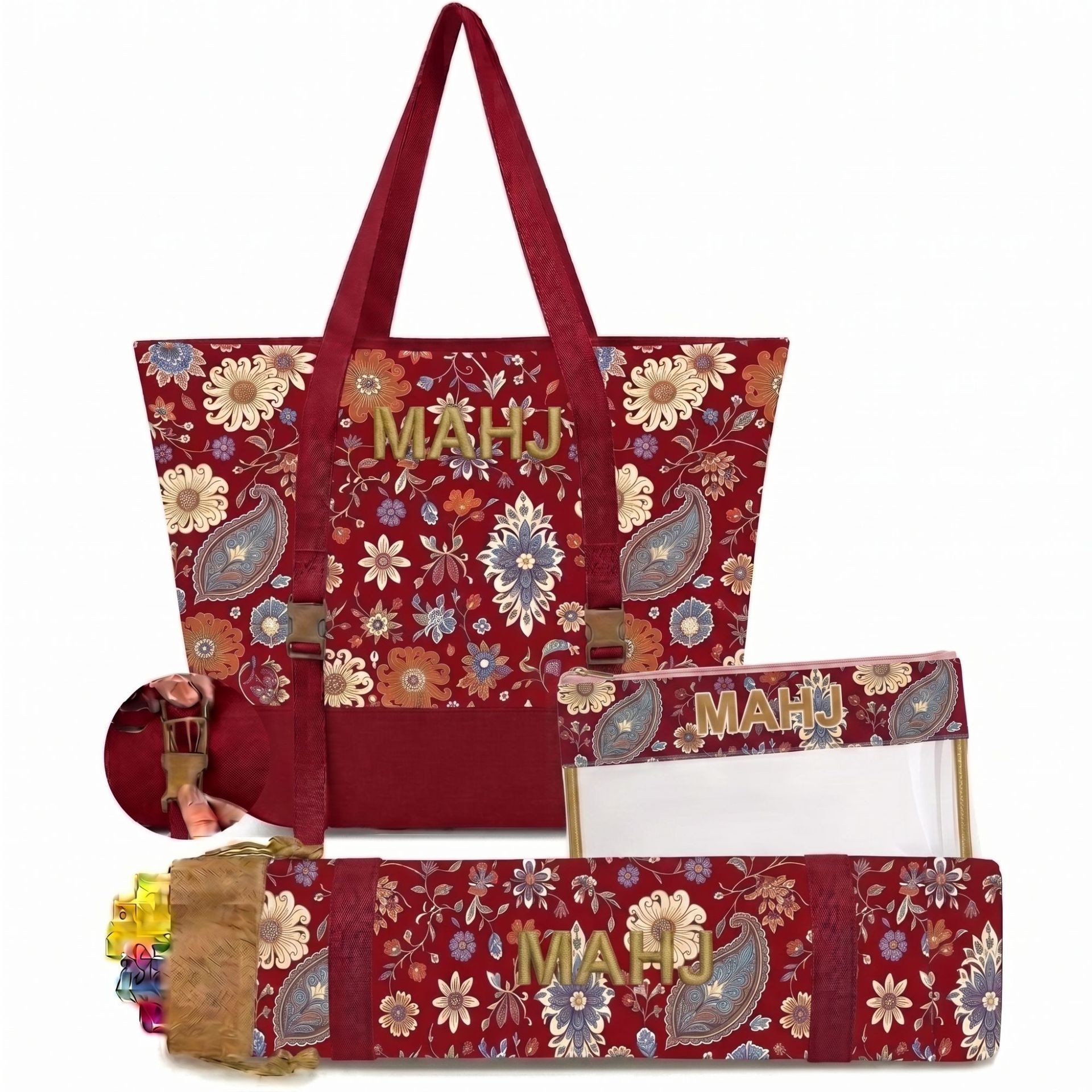 Retro Paisley Floral Embroidered Mahjong Storage Three-Piece Makeup Bag Set photo 5