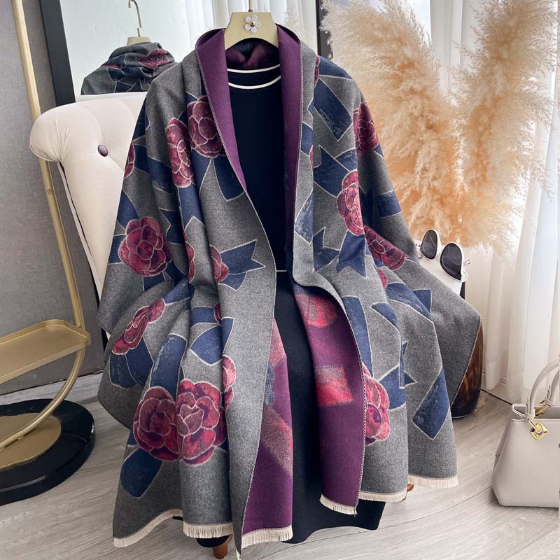 Light-luxury Camellia Bow Shawl Double-sided Thickened Scarf photo 4