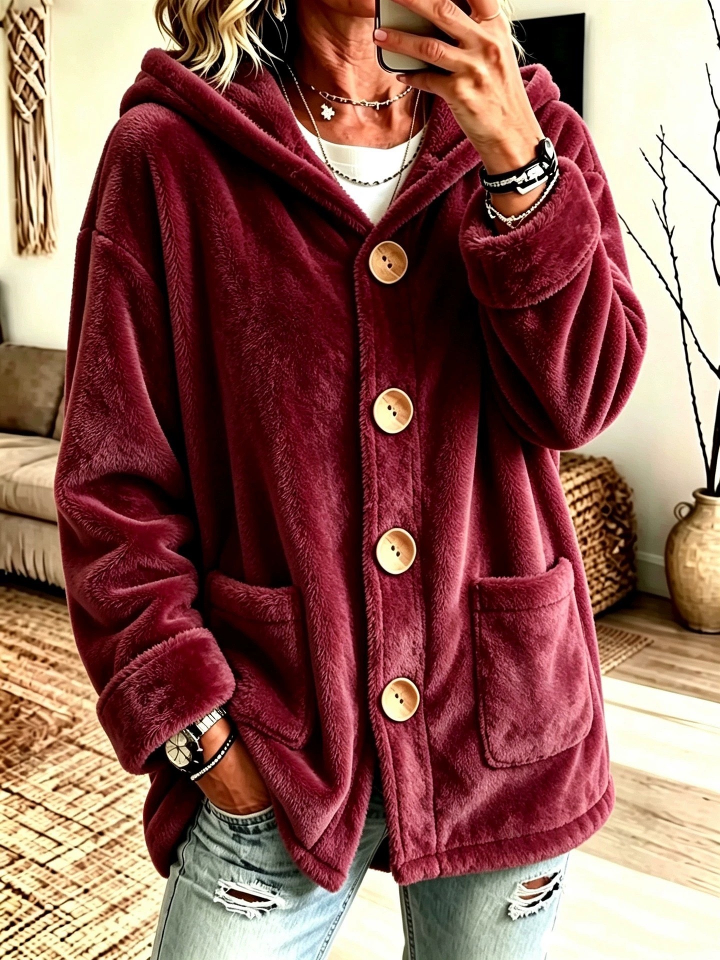 Hooded Velvet Outerwear Loose-fitting Cardigan Top photo 6