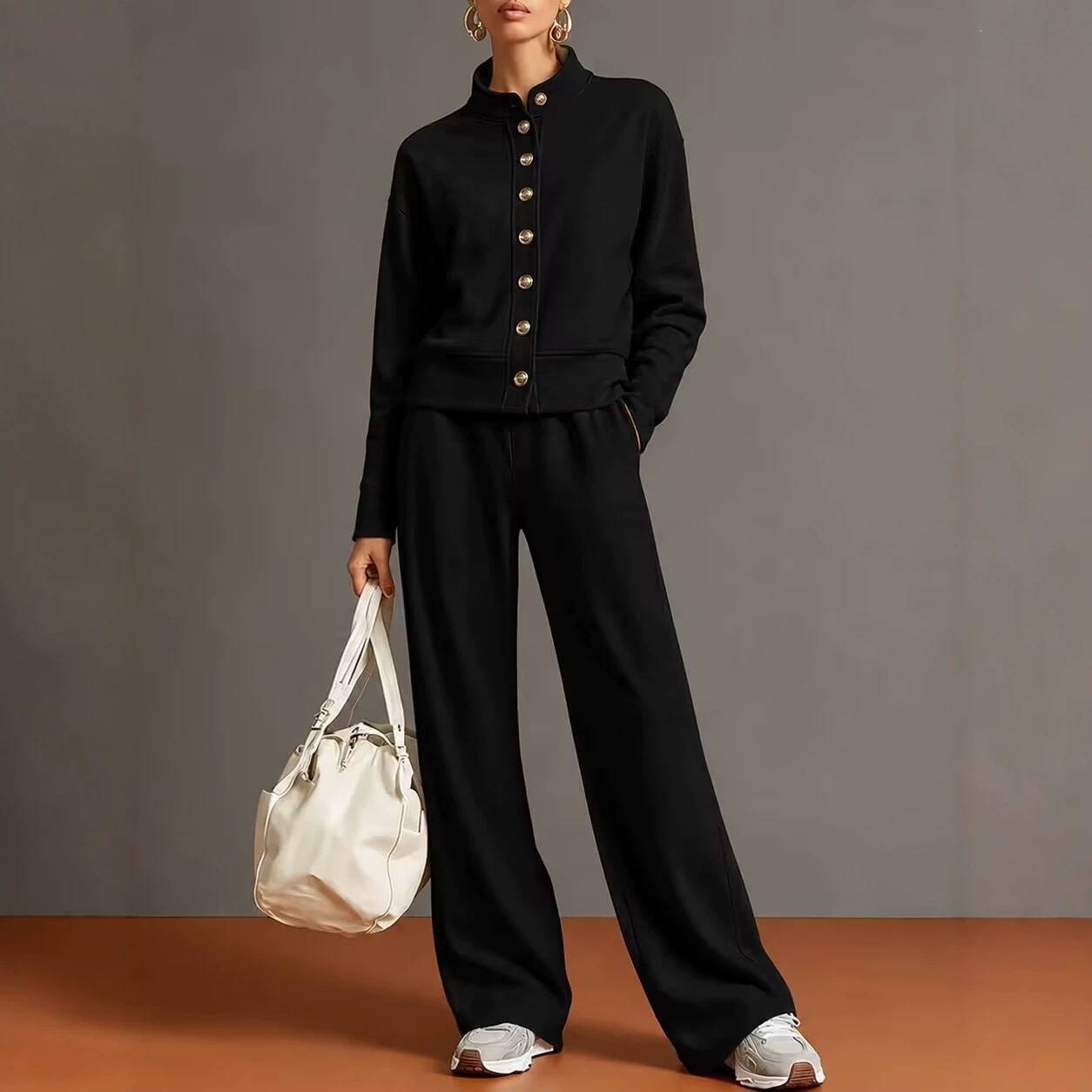 Stand-collar Cardigan And Wide-leg Pants Set photo 3