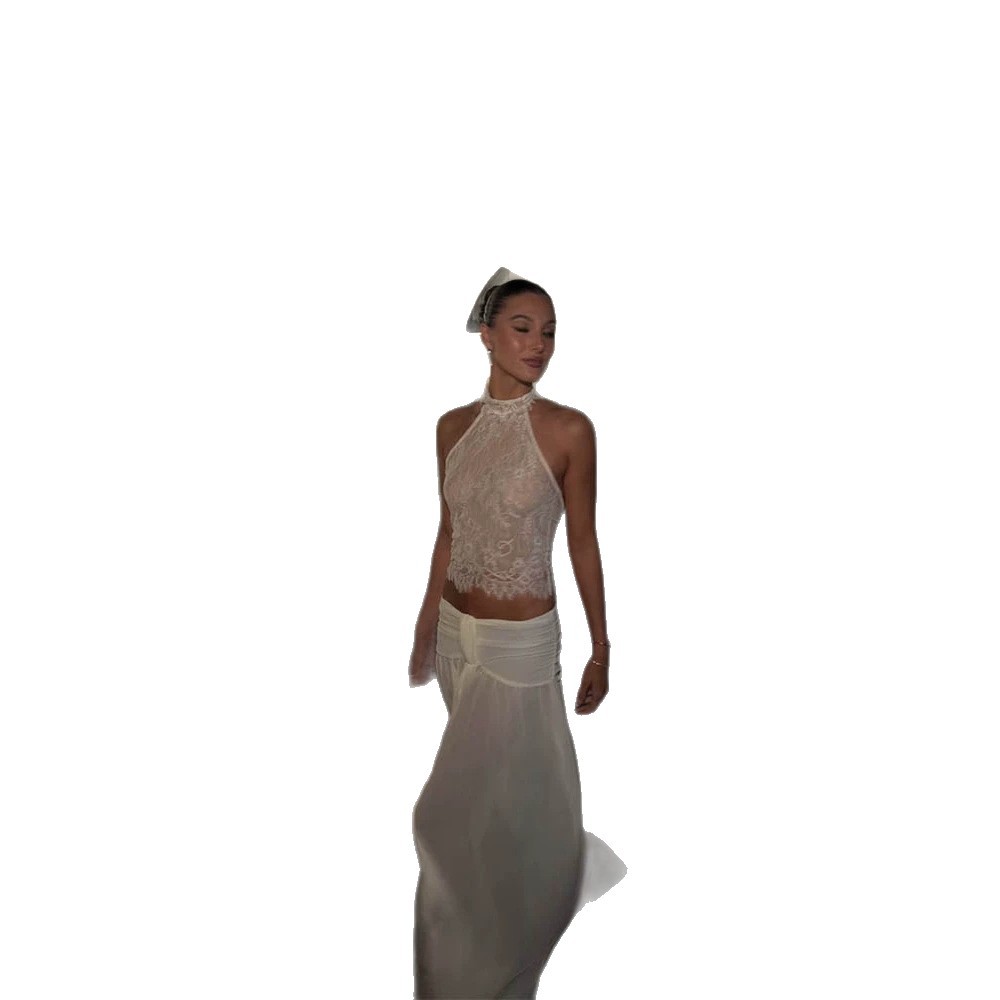 Womens Vacation-style Sleeveless Halter-neck Lace Sheer Top photo 2