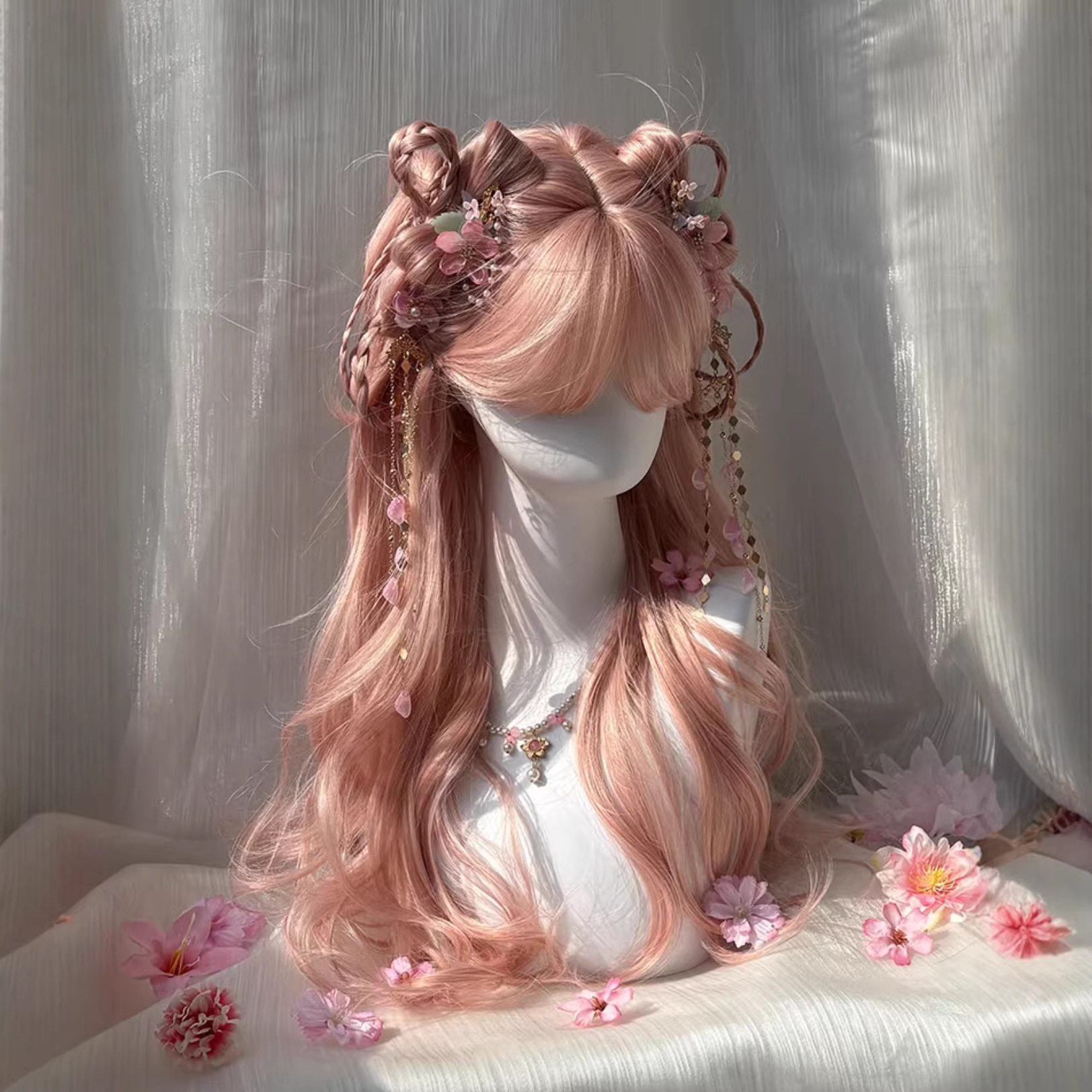 Womens Pink-gold Long Curly Wig With Wispy Bangs And Big Waves photo 3