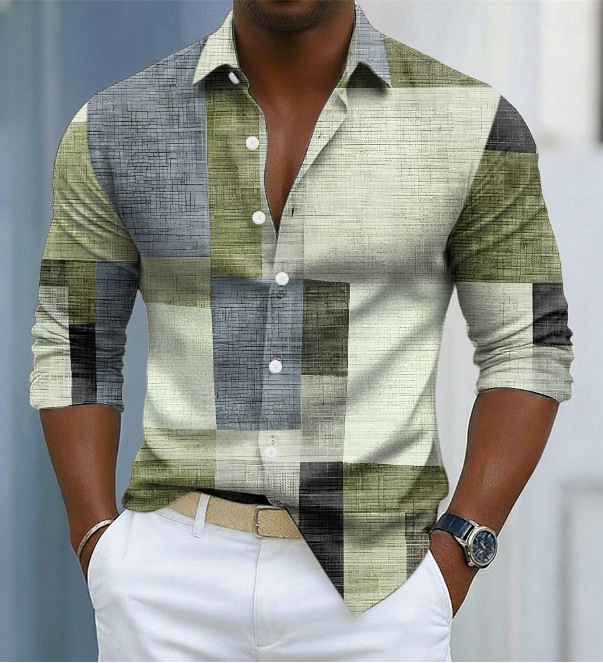 Men's Geometric Color-Block Plaid Pattern Shirt photo 4