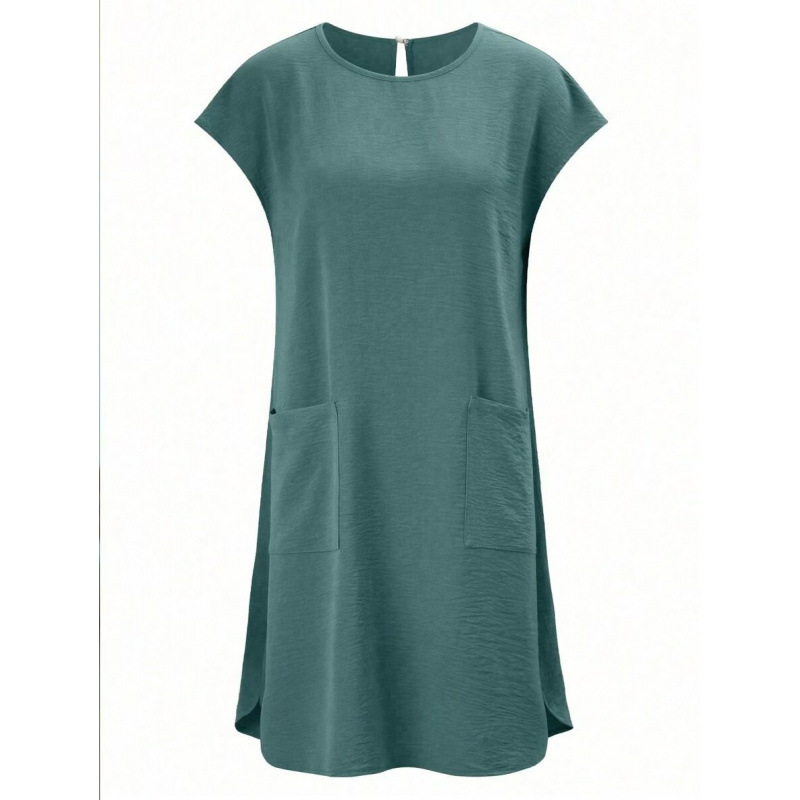 Casual Loose-fit Solid-color Round-neck Short-sleeve Ice-silk Pleated Dress photo 2