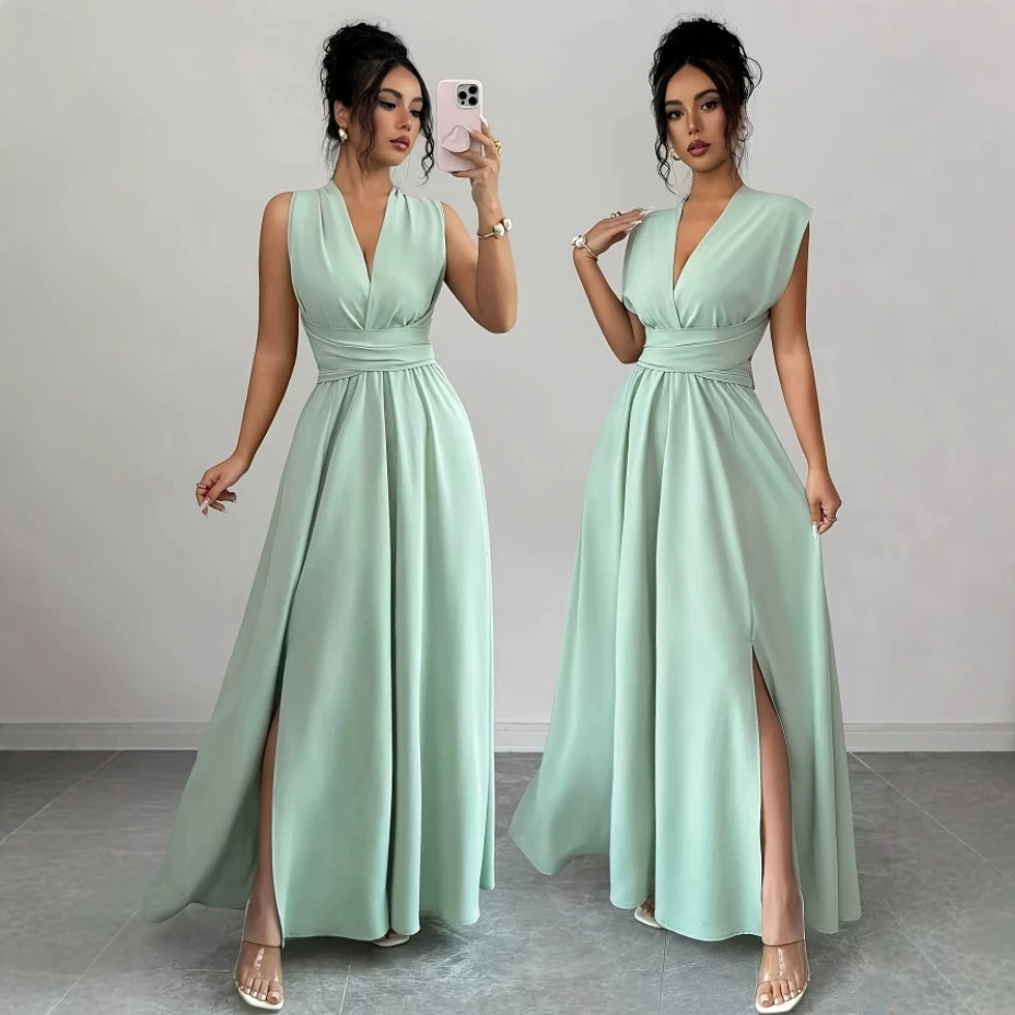 Elegant Solid-Color V-Neck Bow Long Dress For Women photo 1