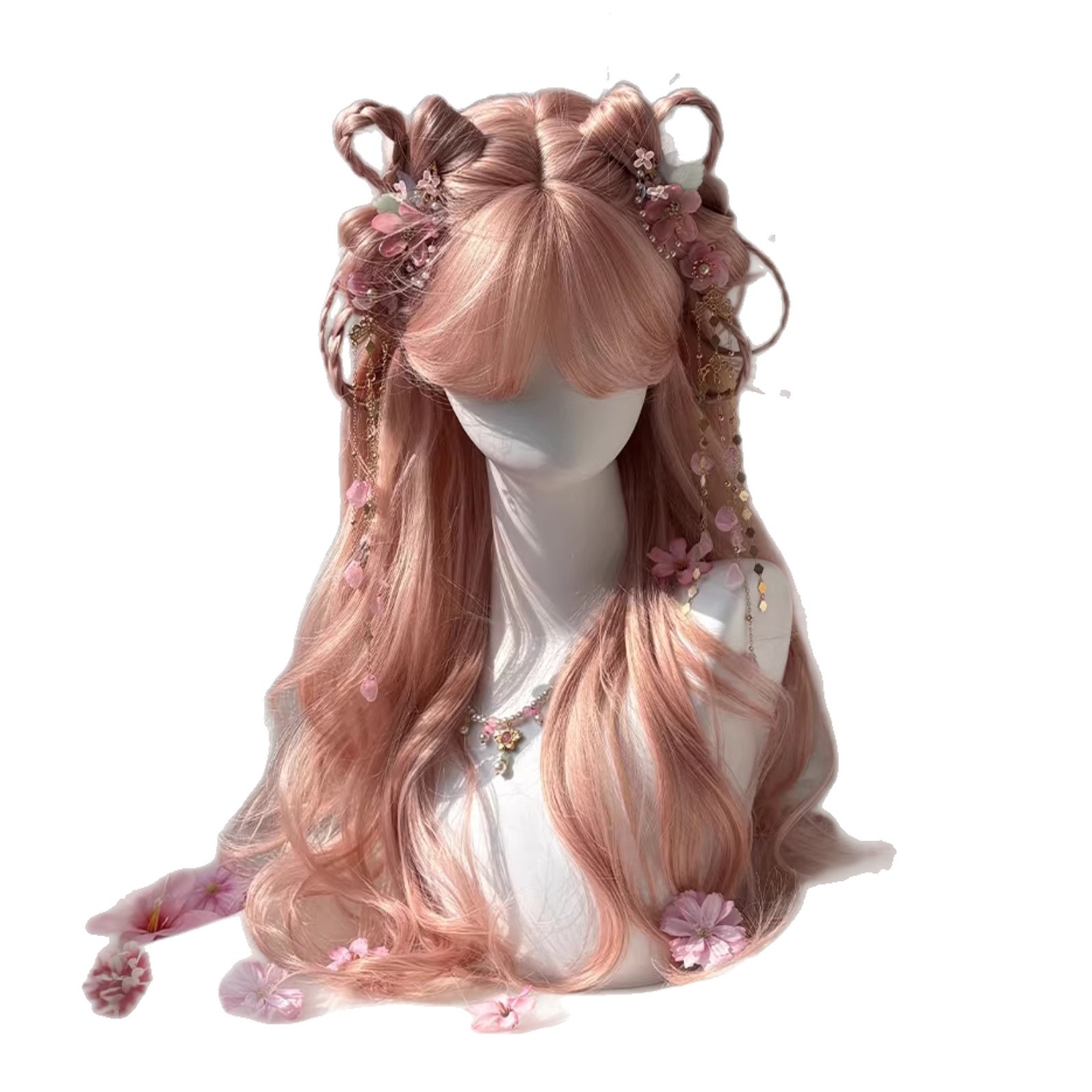 Womens Pink-gold Long Curly Wig With Wispy Bangs And Big Waves photo 2