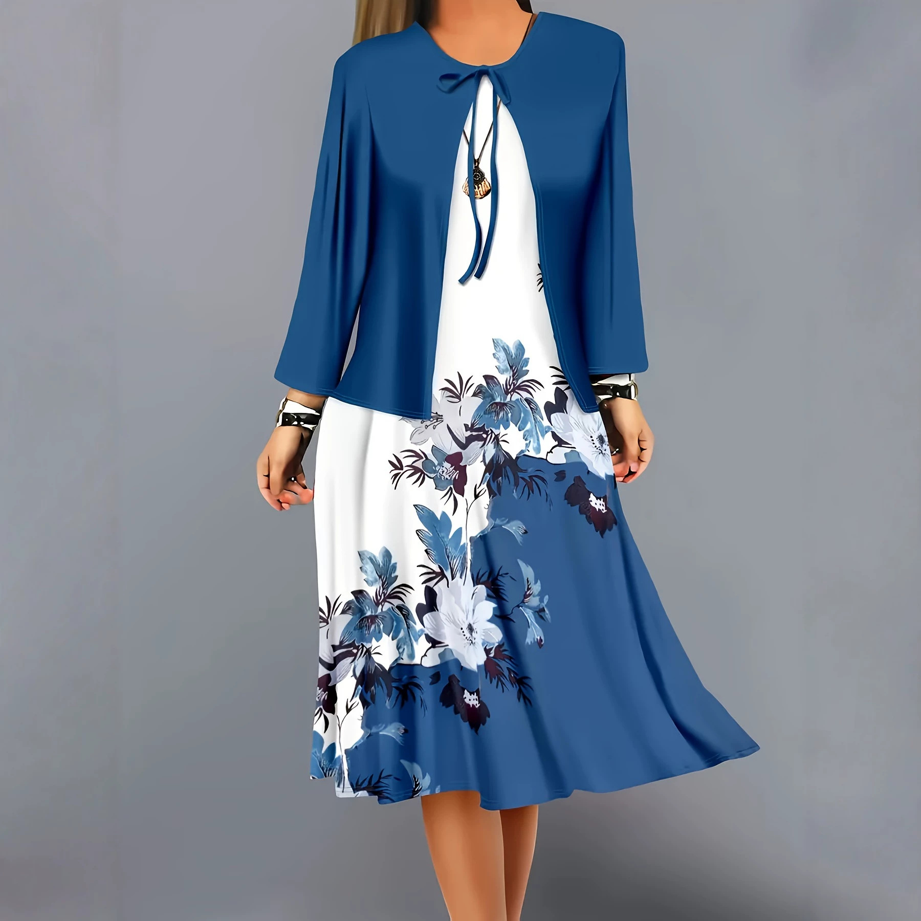 Seven-quarter-sleeve Dress With Shawl Vintage-style Elegant Set photo 1