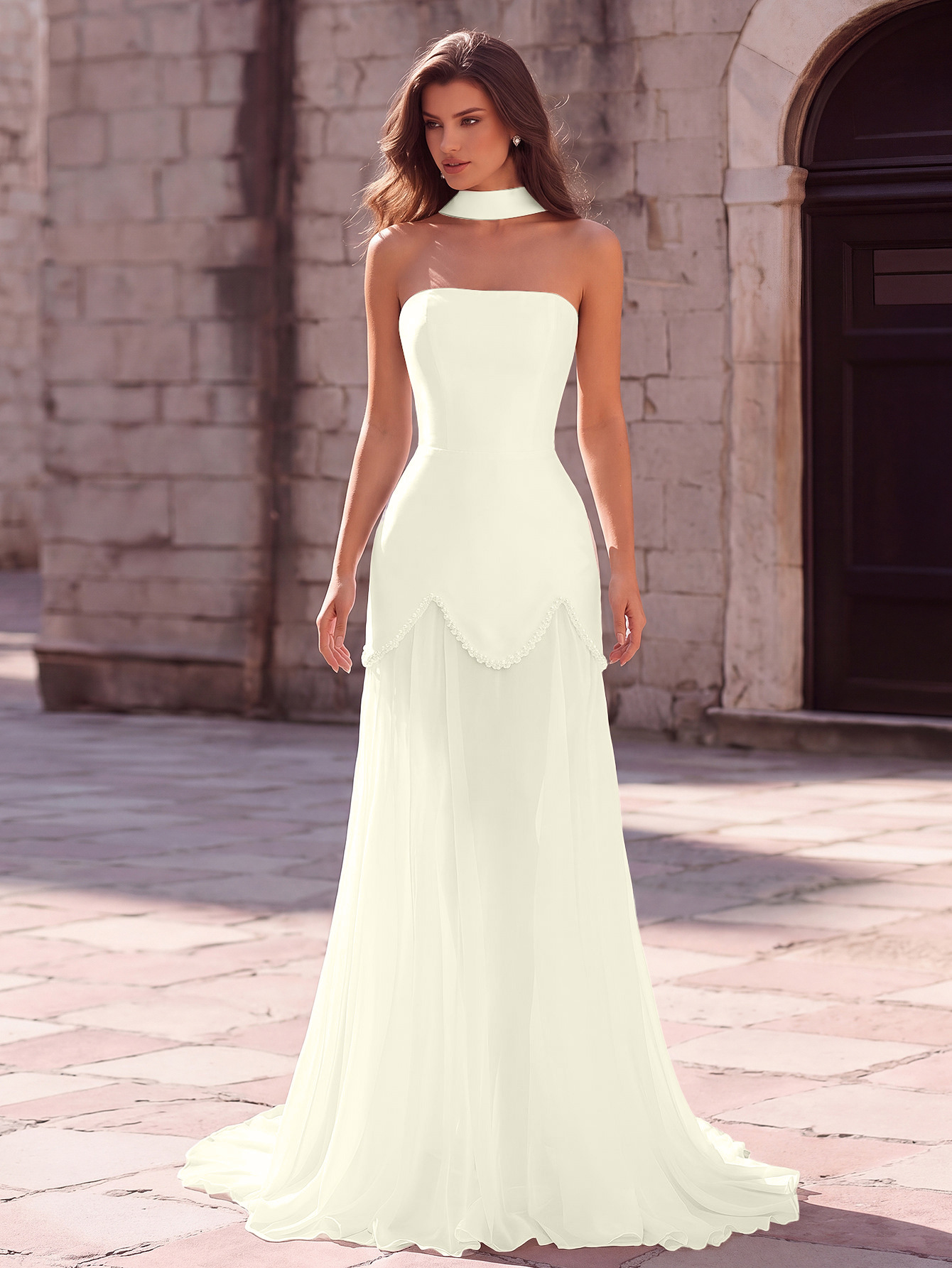 European And American-style Halter-neck Strapless Satin Light Wedding Dress With A Trailing Train photo 2