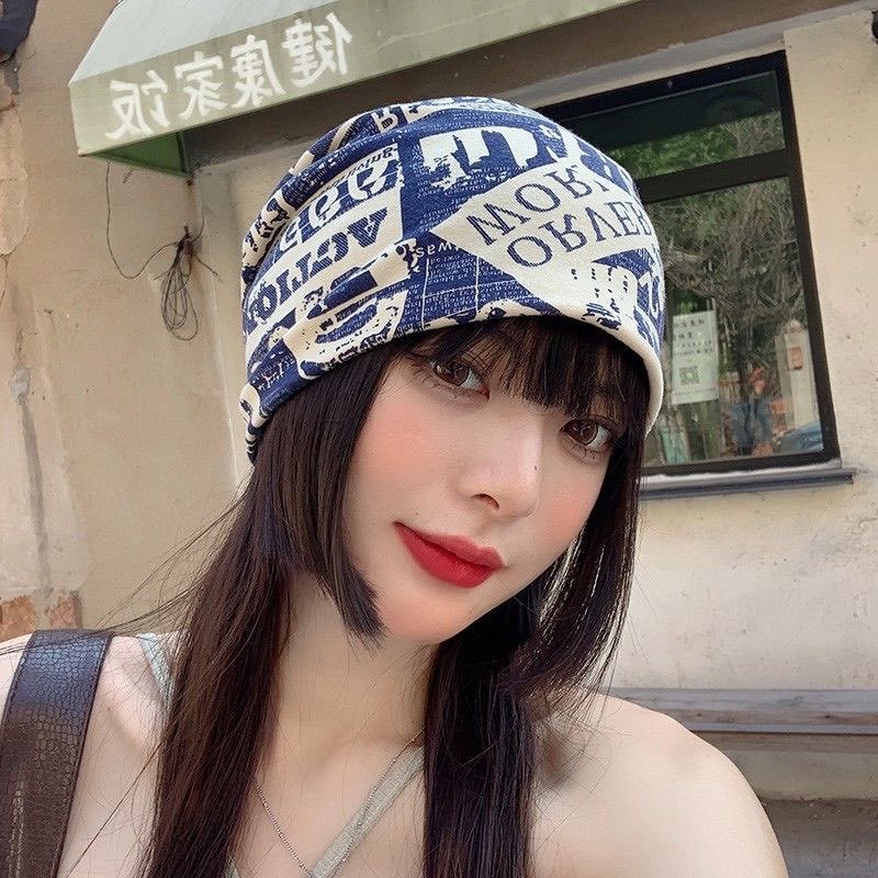 Vintage Newspaper Print Headscarf Face Framing Pleated Wrap For Women Retro Style Hair Accessory photo 1
