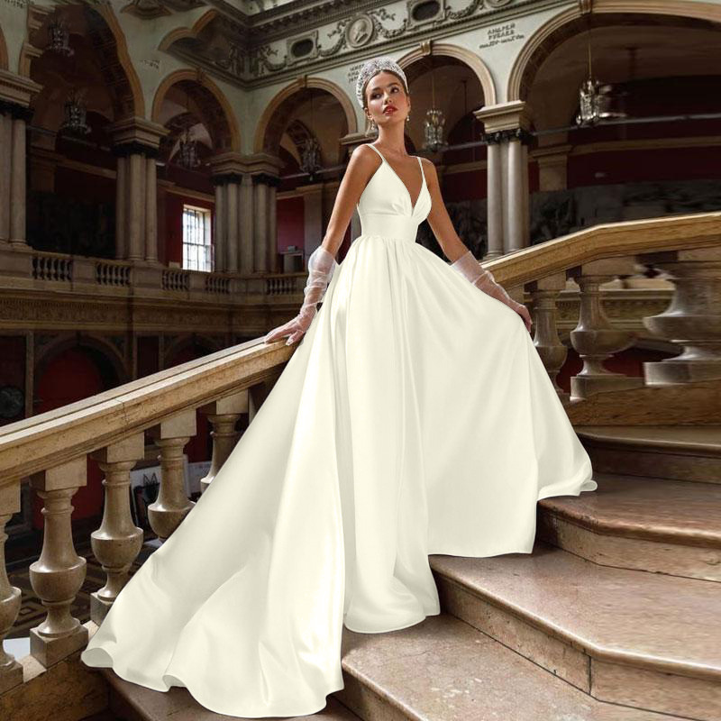 European And American-style Deep V-neck Strap Satin Light Wedding Dress photo 2