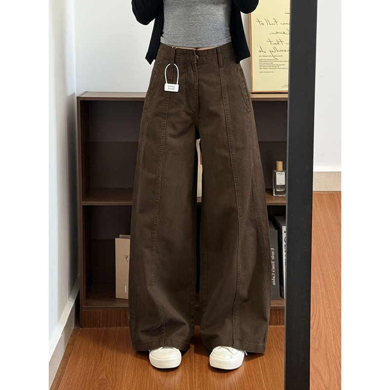 Women's High-waisted Straight-leg Wide-leg Denim Pants In Coffee Color photo 2