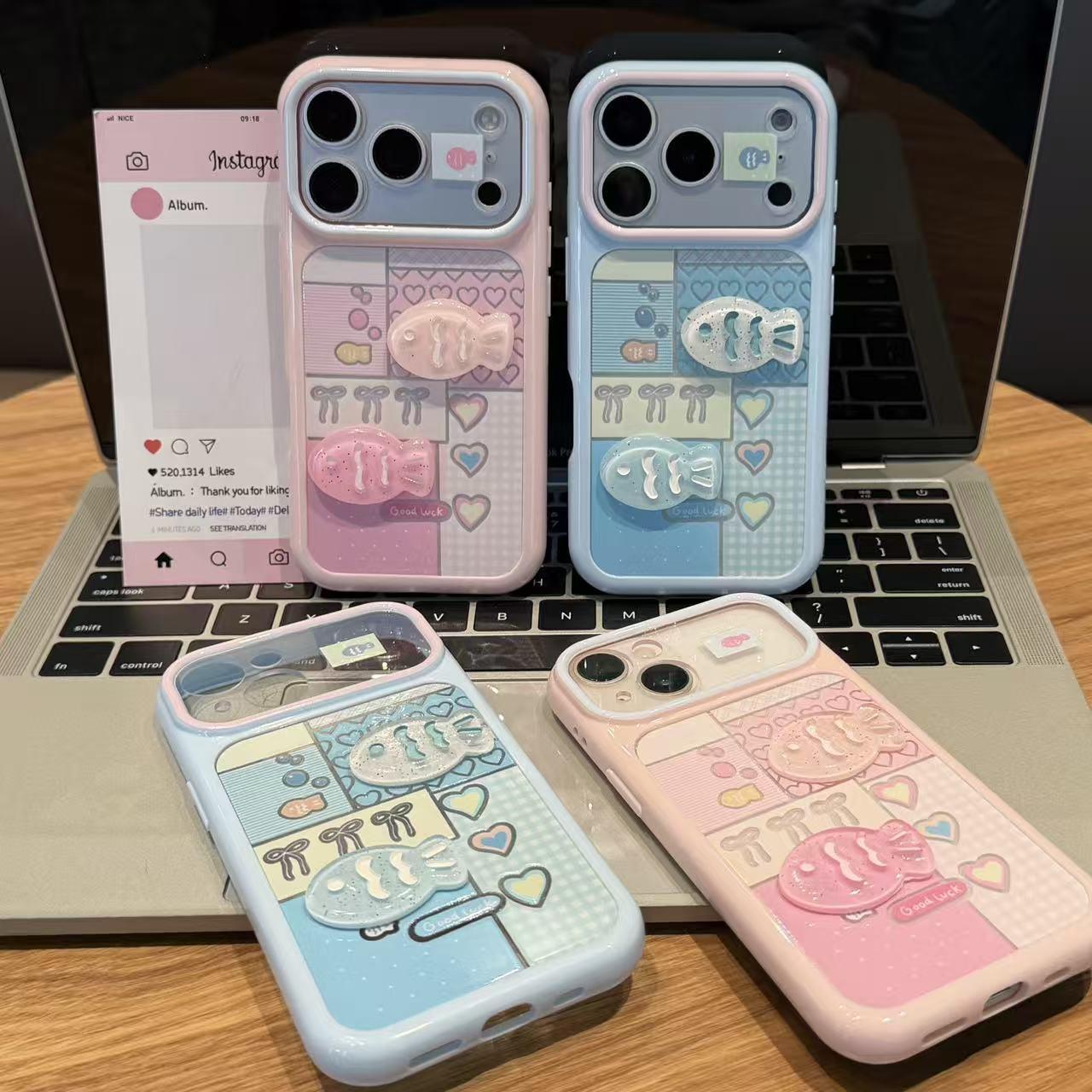Color-block Plaid Heart And 3D Fish Phone Case photo 5