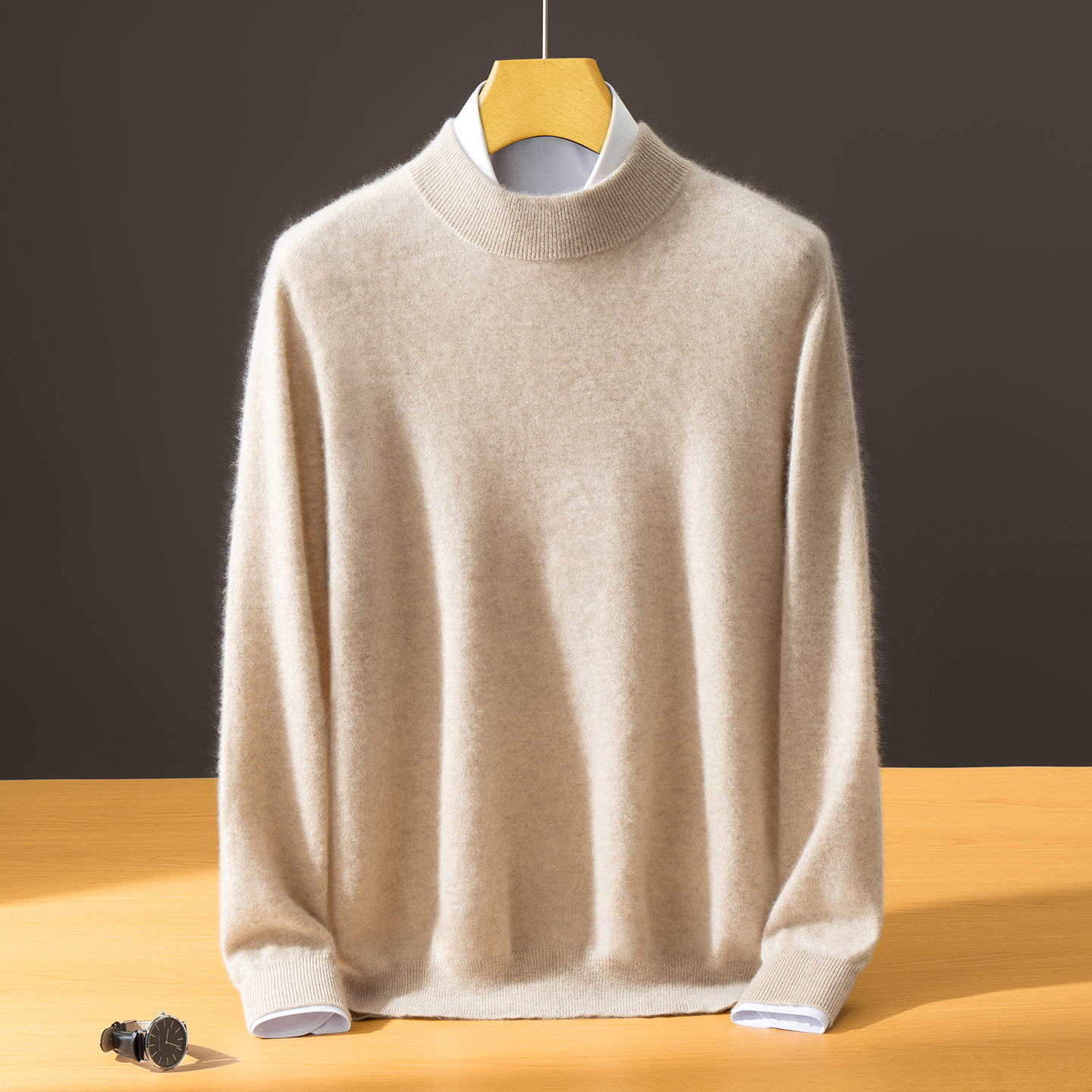 Men's Semi-High-Neck Solid Color Innerwear Cashmere Sweater photo 3