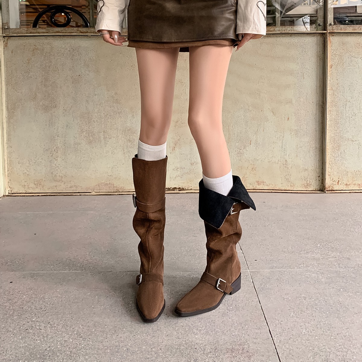 Women's Retro Cowhide Leather Belt-Clasp Chunky-Heel Western Cowboy Boots photo 1