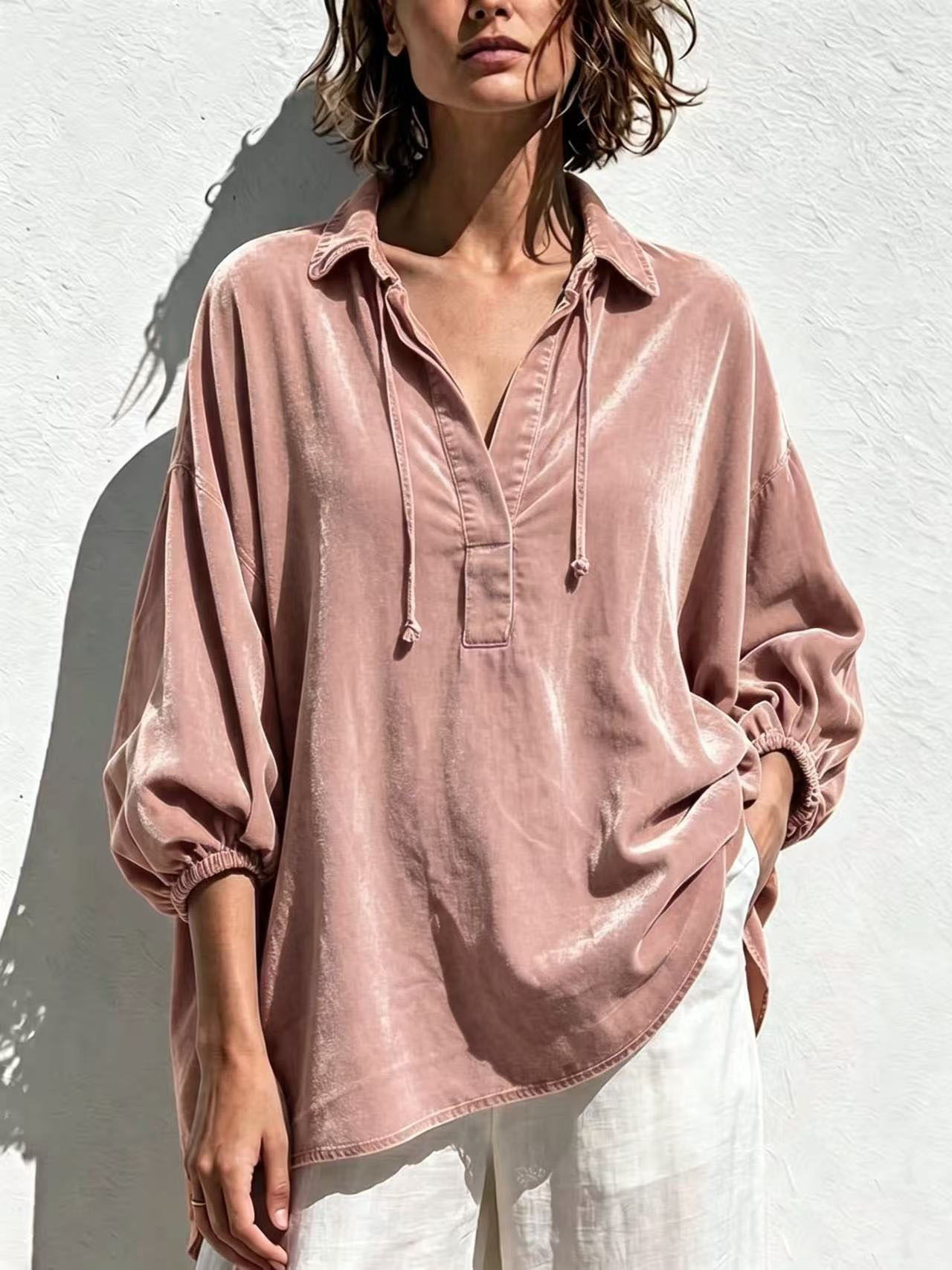 Women's Velvet Lapel Casual Polo Shirt photo 6