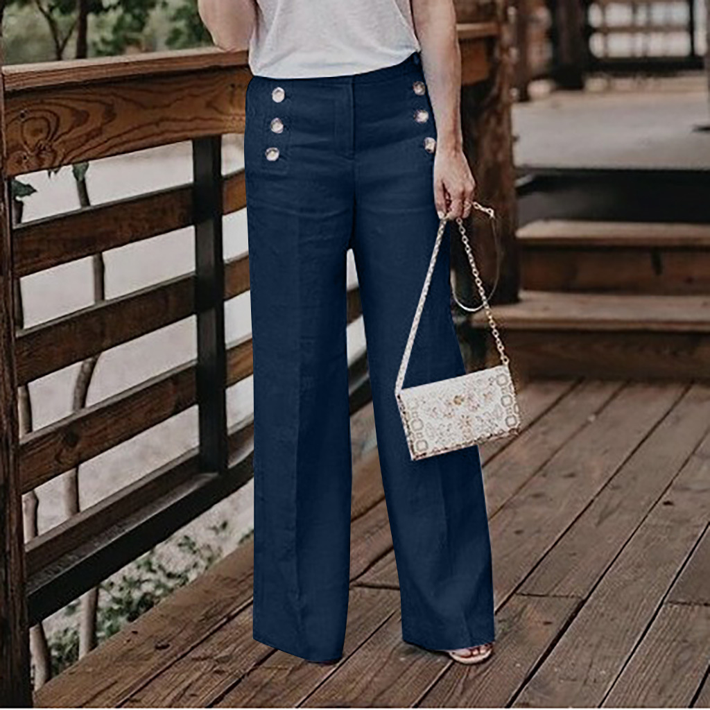 Women's High-Waisted Casual Cotton-Linen Wide-Leg Pants With Buttons photo 6