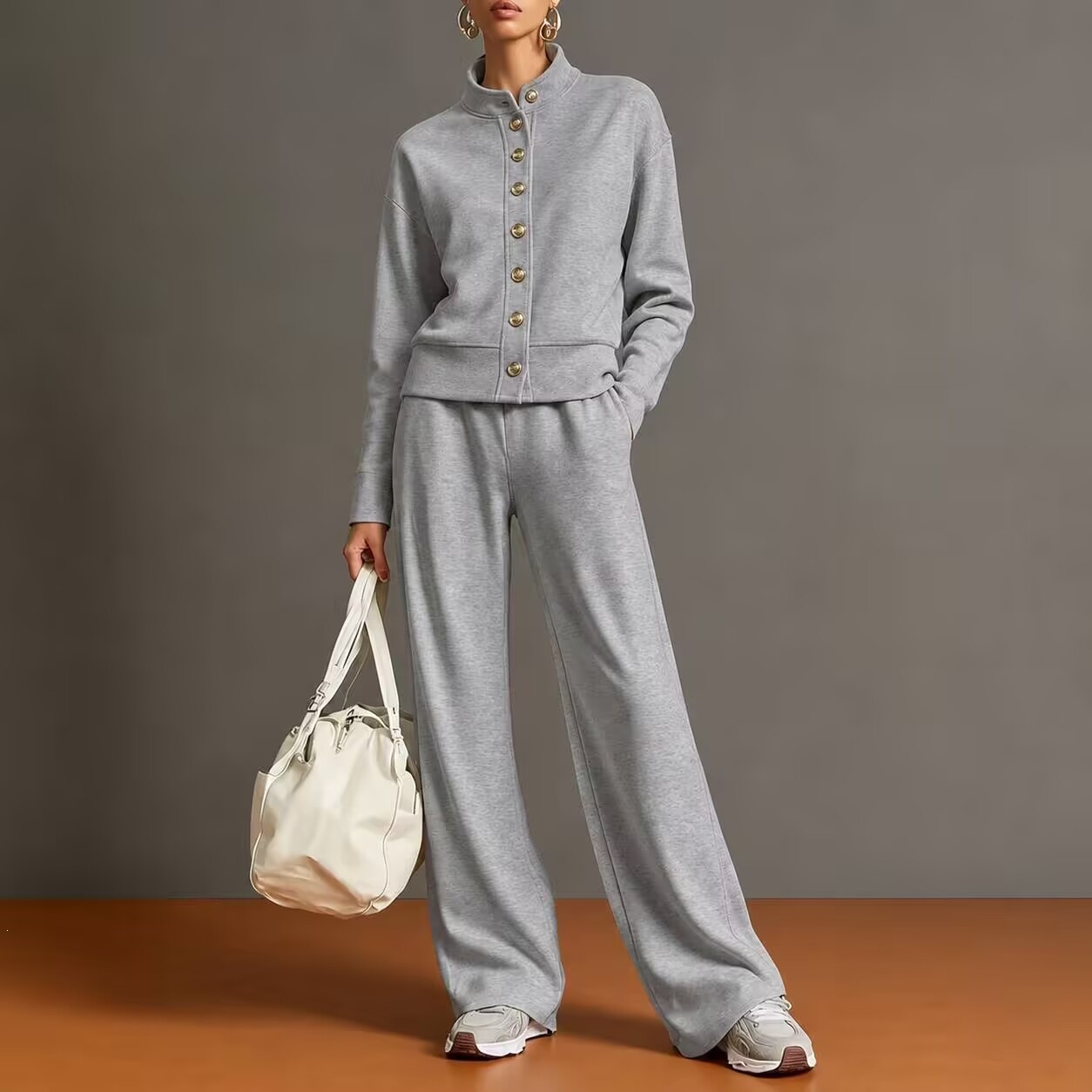 Stand-collar Cardigan And Wide-leg Pants Set photo 4