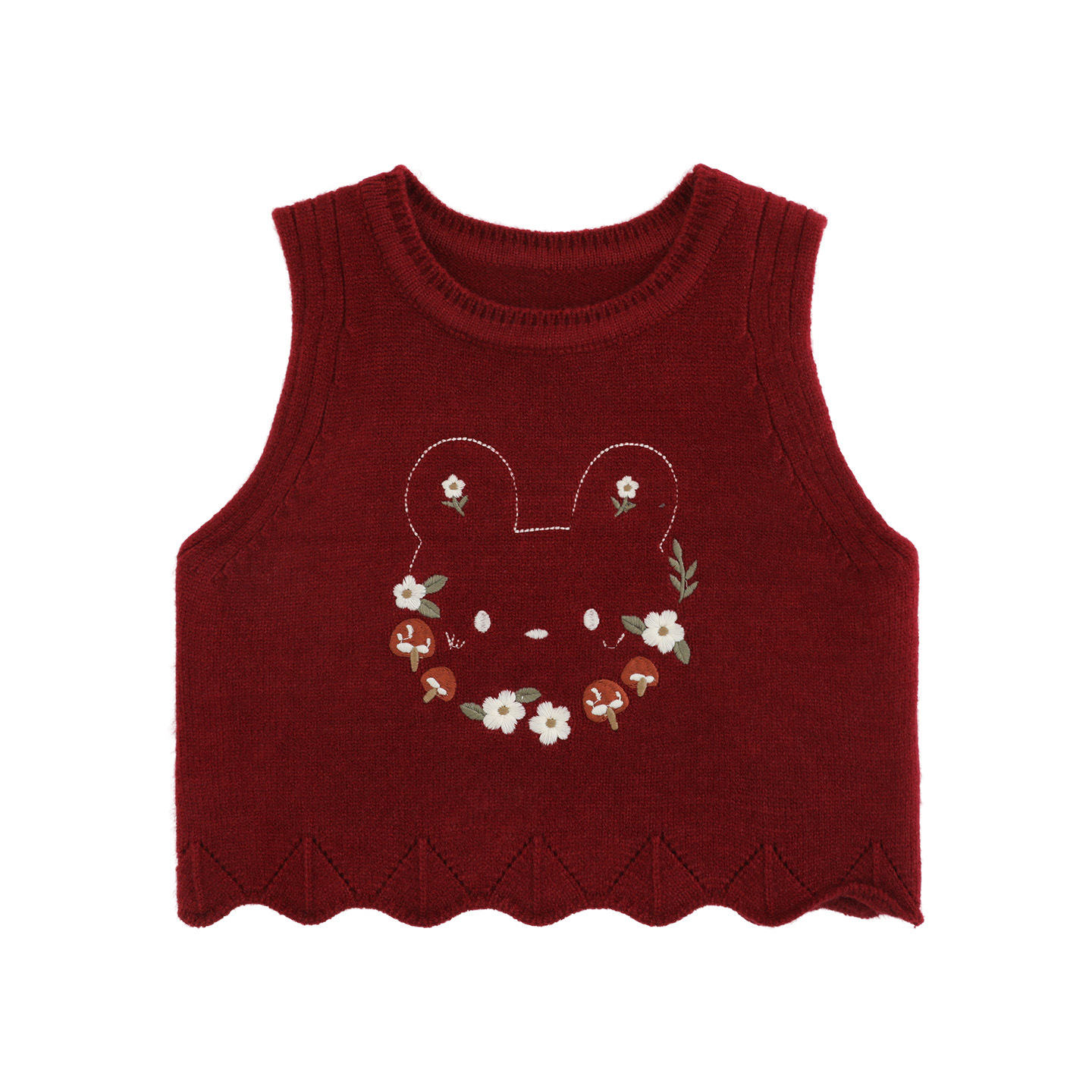 Girl's Ruffled-edged Bear And Floral Embroidered Vest With Lace Denim Jeans photo 2