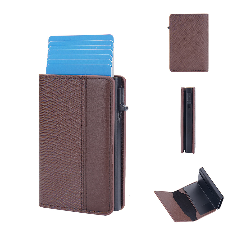 Leather Patchwork Color-block Side-push Anti-magnetic Anti-theft Card Holder photo 3