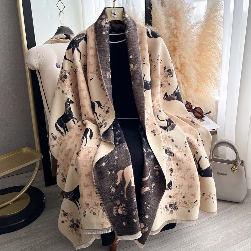 Vintage Floral And Galloping Horse Jacquard Tassel Scarf photo 1
