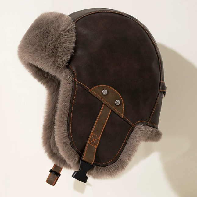 Motorcycle-style PU Leather Winter Thickened Cold-proof Earflap Retro Lei Feng Cap For Men photo 3