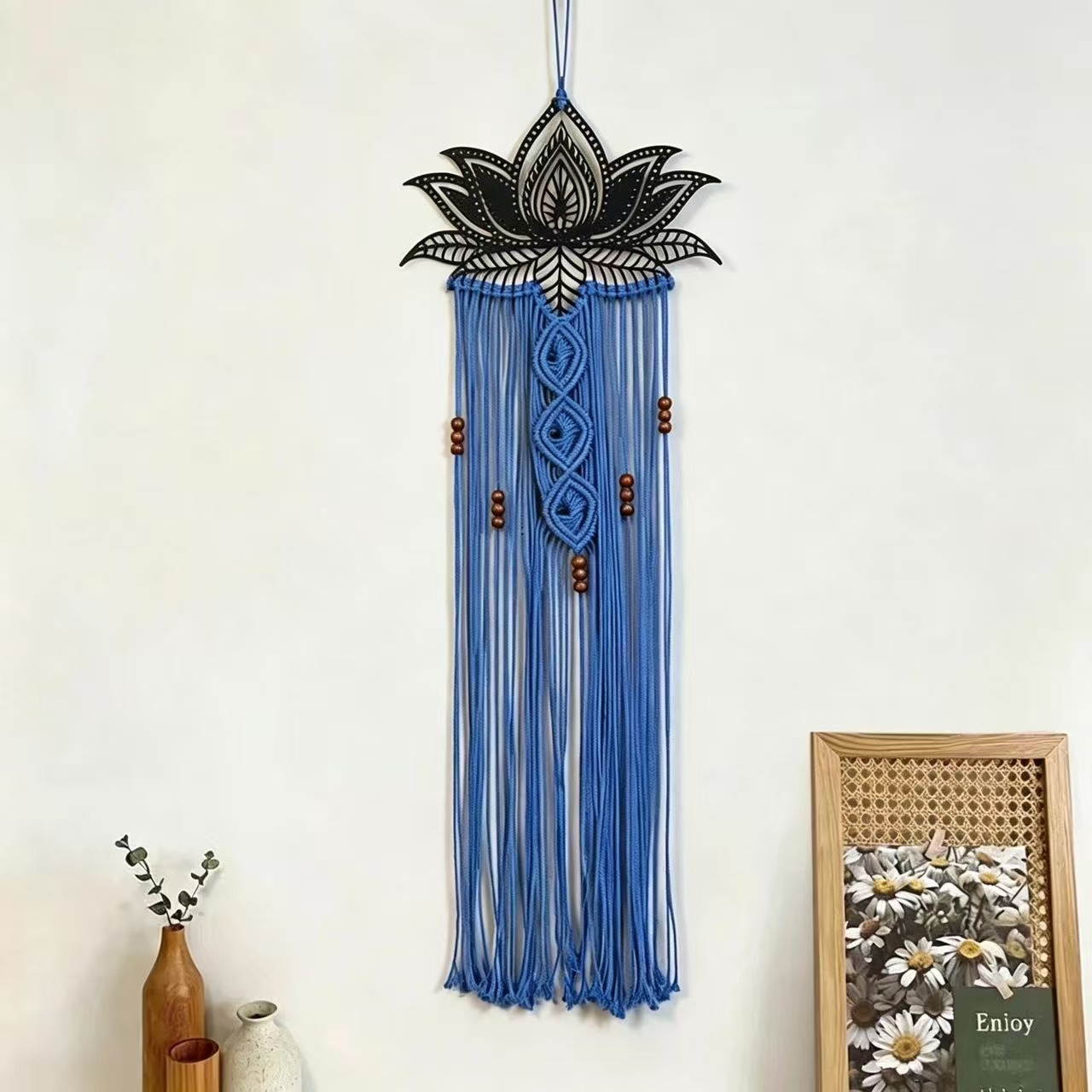 Bohemian Lotus Woven Iron Tapestry with Tassels - Handmade Cotton Rope Wall Hanging for Living Room and Guesthouse Decor photo 3
