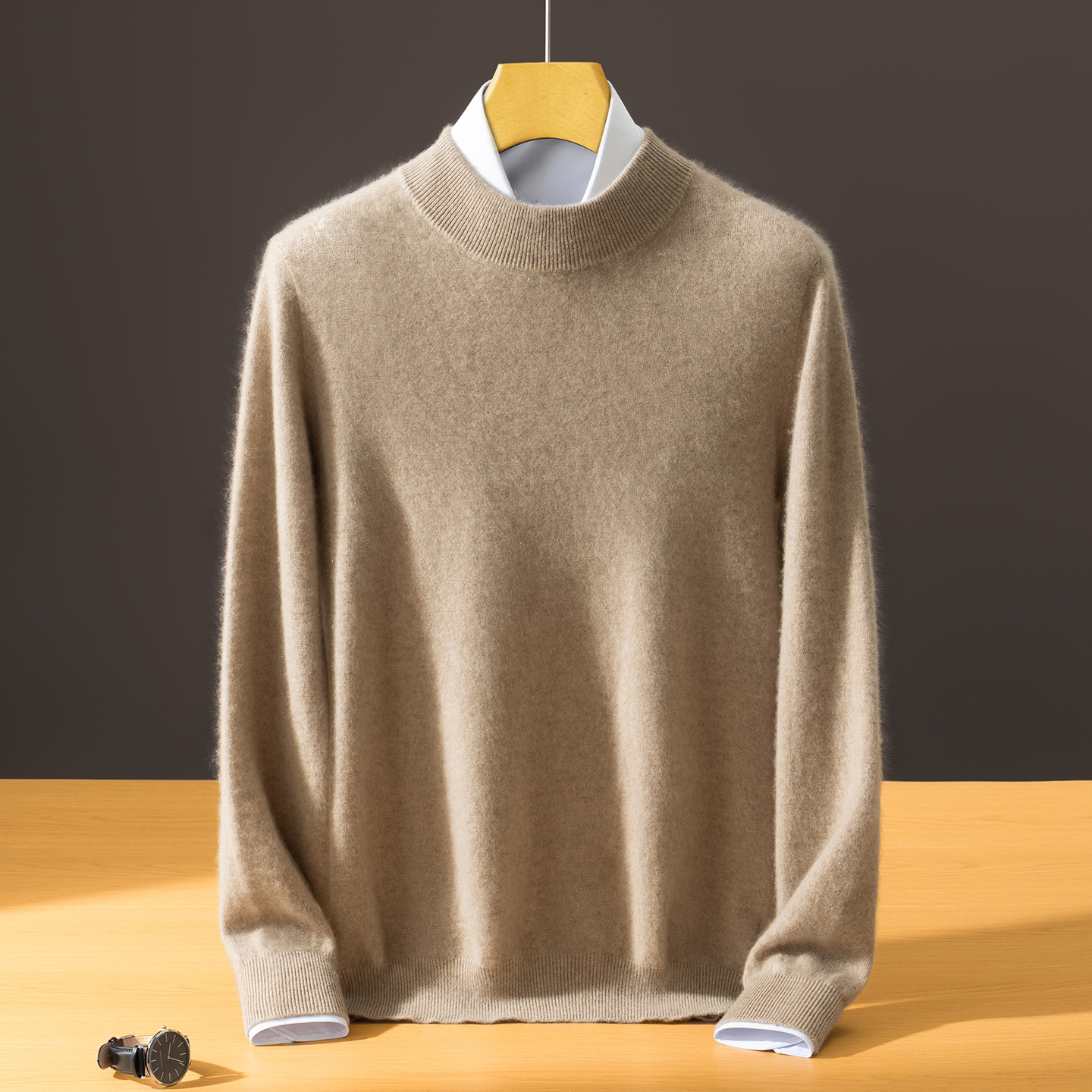 Men's Semi-High-Neck Solid Color Innerwear Cashmere Sweater photo 2