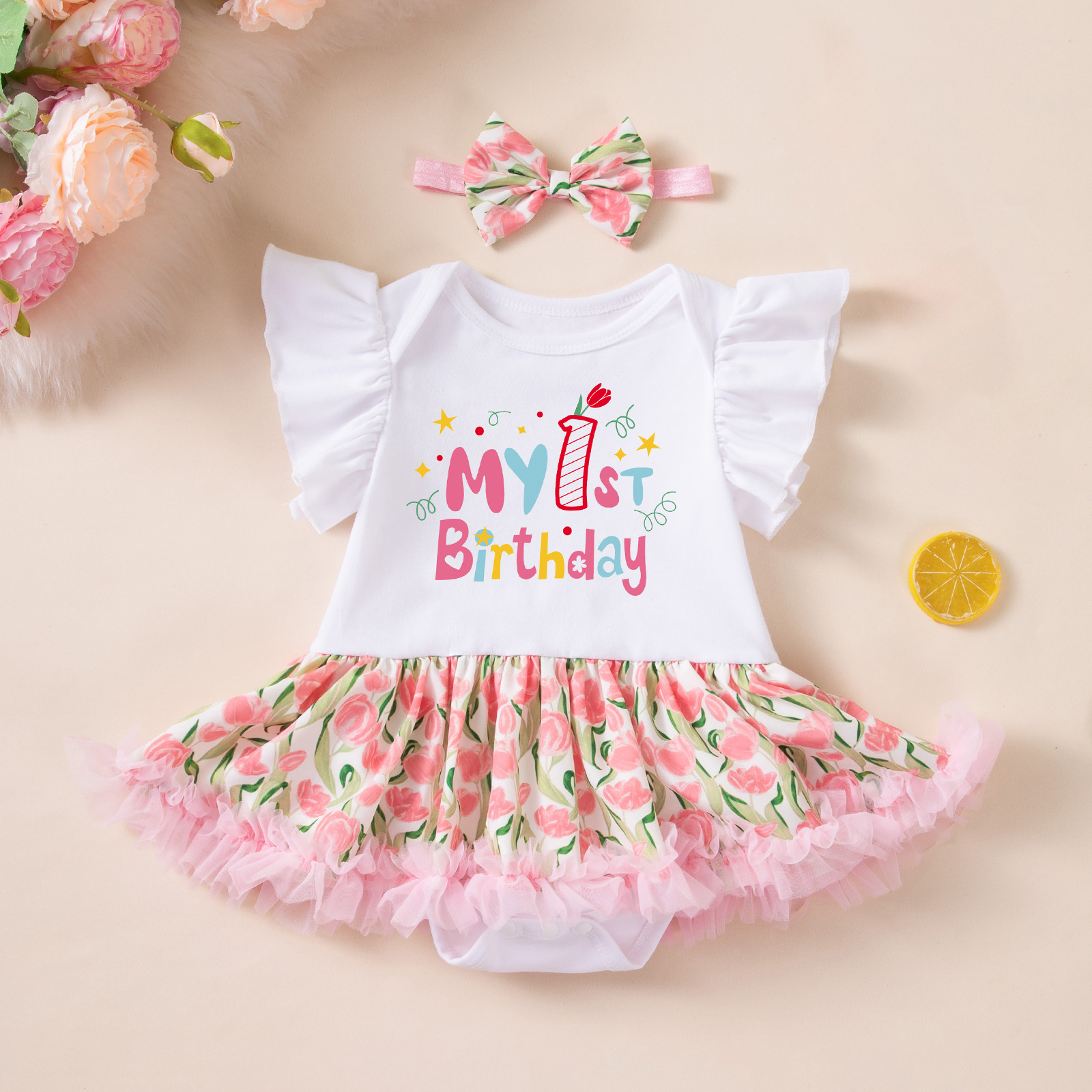 Birthday Outfit Flutter-Sleeve Romper Crawling Suit PP Pants And Bow Headband Set photo 3
