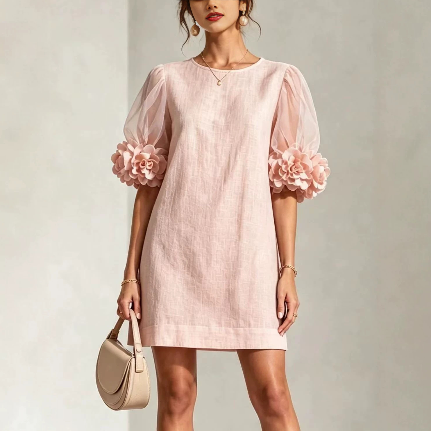 Women's Organza Puff Sleeve Dress - Romantic Sweet Midi Length Party Gown for Summer Wedding Guest photo 1