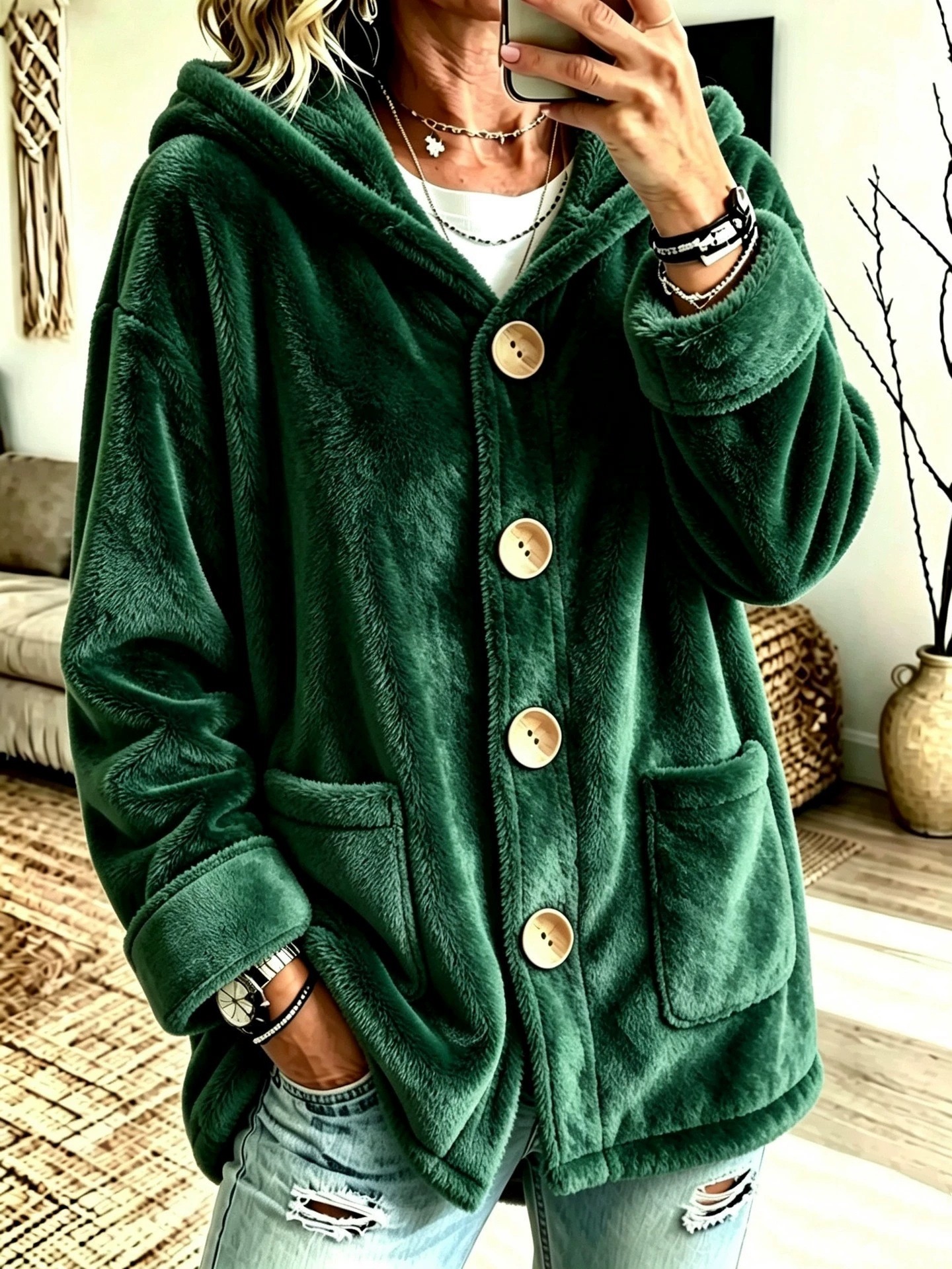 Hooded Velvet Outerwear Loose-fitting Cardigan Top photo 7