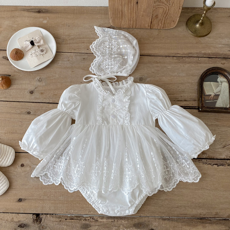 Infant And Toddler Lace Romper Onesie And Triangular-clinched Crawling Suit photo 3
