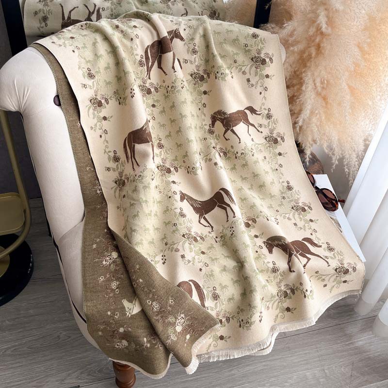 Vintage Floral And Galloping Horse Jacquard Tassel Scarf photo 6