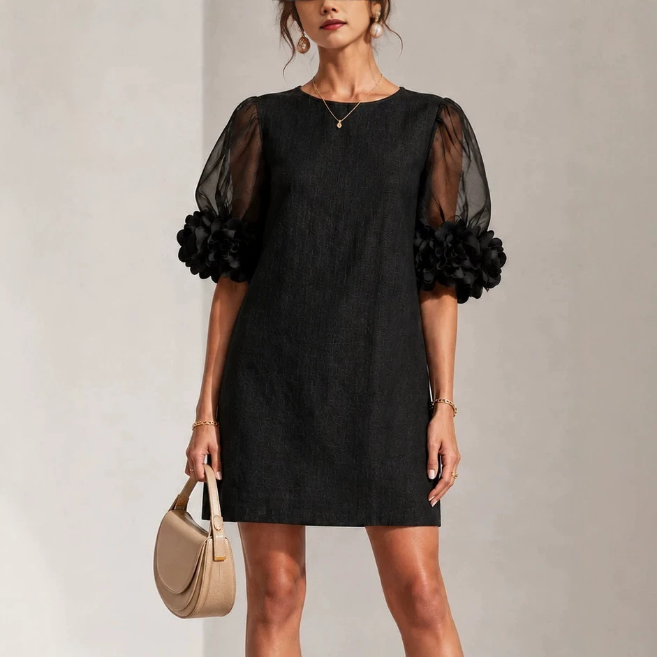 Women's Organza Puff Sleeve Dress - Romantic Sweet Midi Length Party Gown for Summer Wedding Guest photo 3