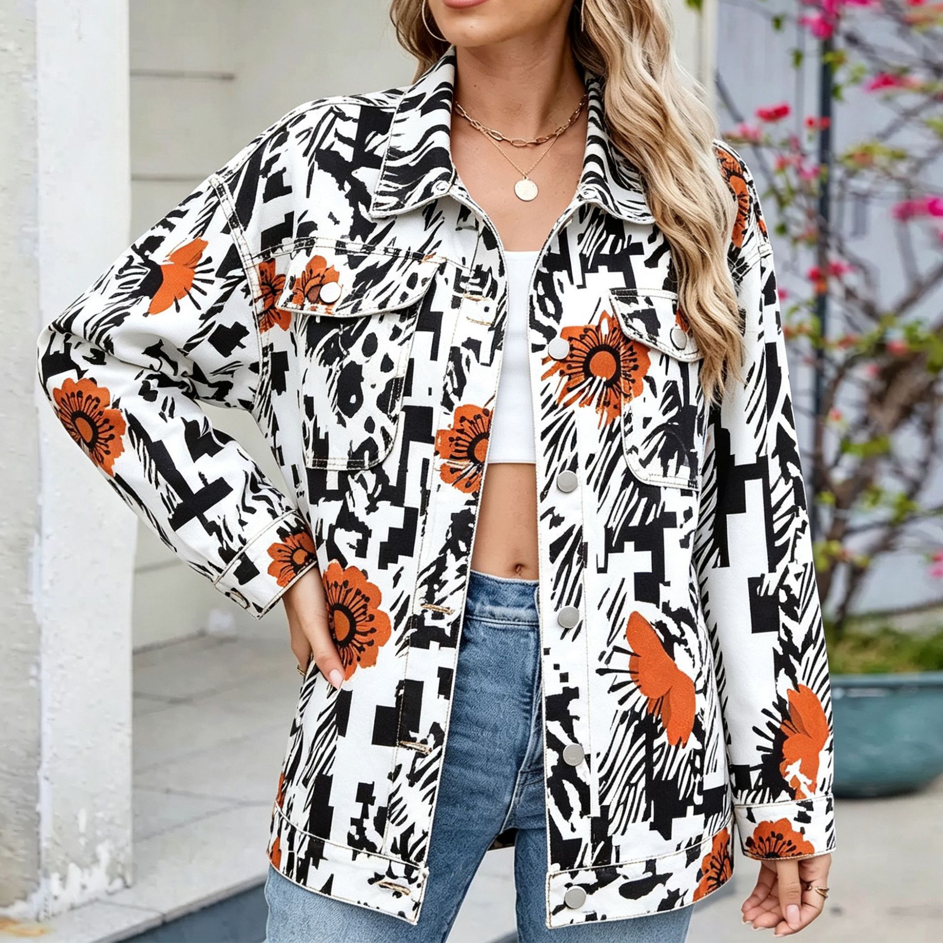 Women's Denim Jacket With All-Over Plant Print photo 3