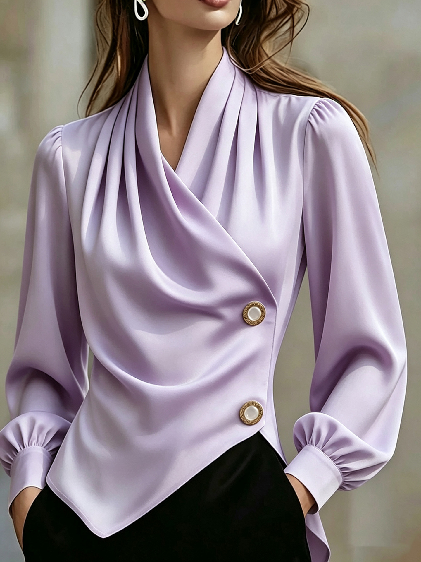 Crossover-collar Waist-cinching Asymmetrical Pearl-buttoned Slimming Versatile Long-sleeve Blouse photo 7