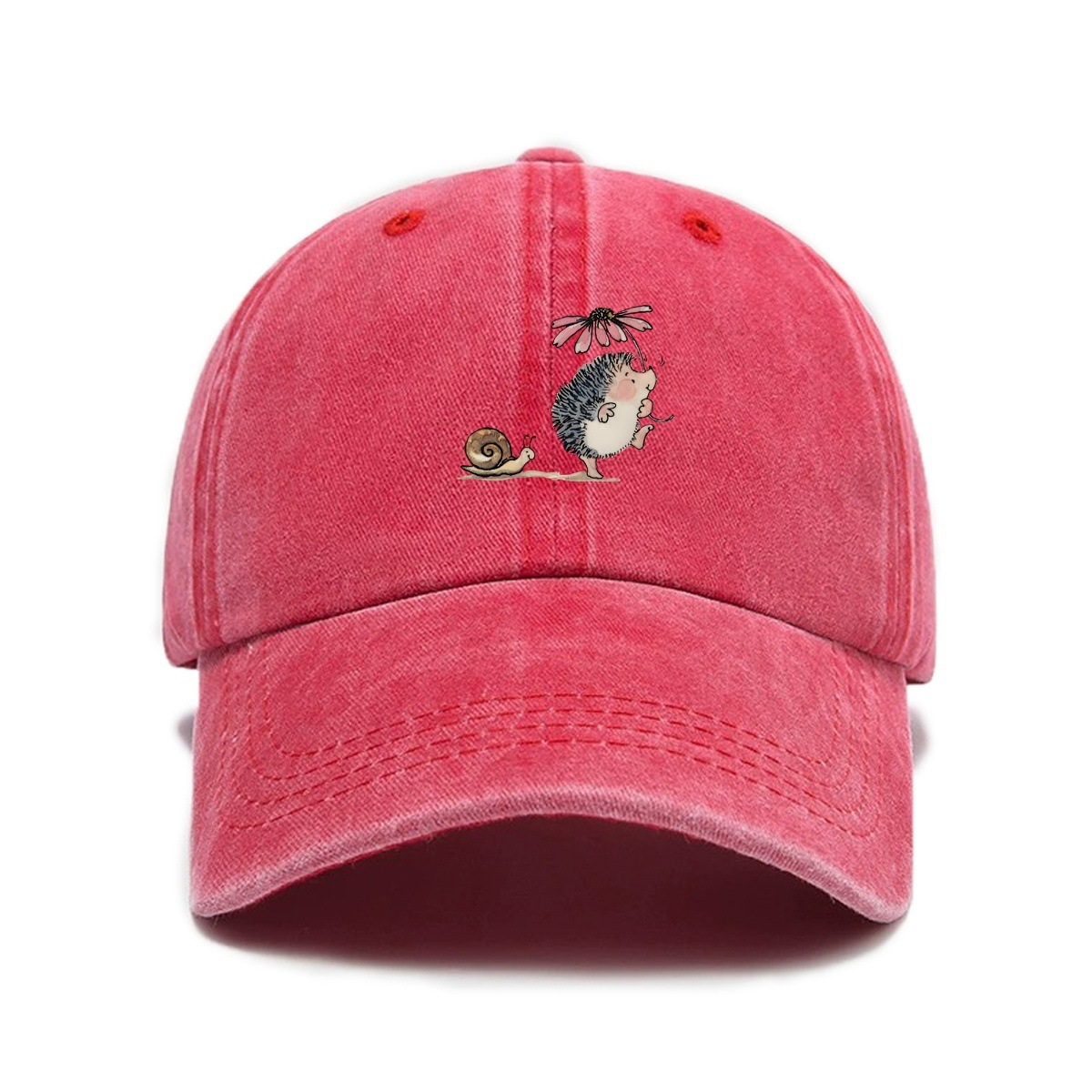 Simple Cartoon Hedgehog And Snail Print Washed Out Vintage Baseball Cap photo 4