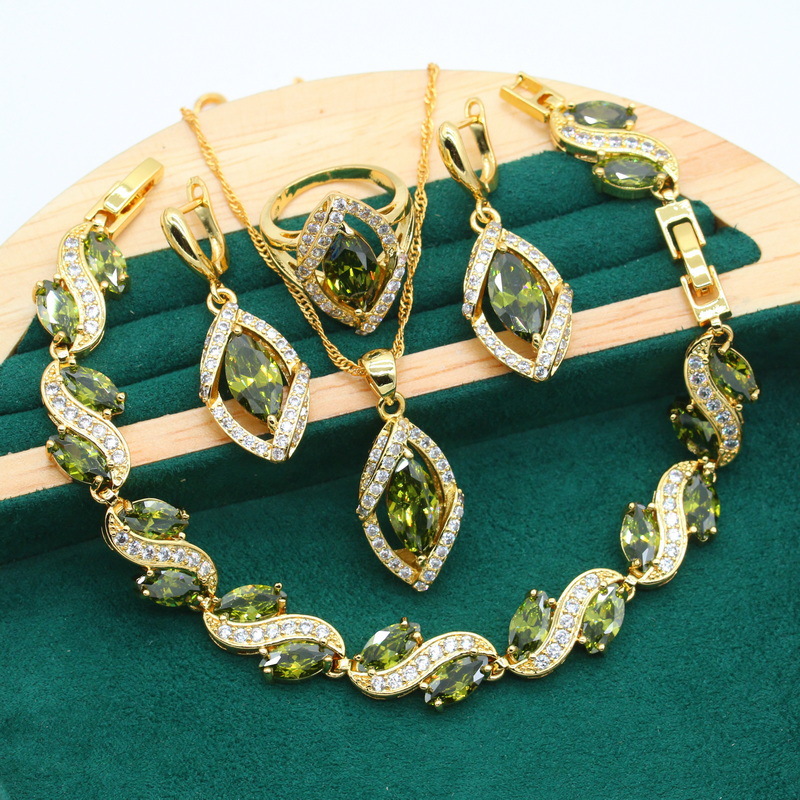 Anti-allergy AAA Zircon Bracelet Necklace Earring Ring Gold Ornament Suit photo 1